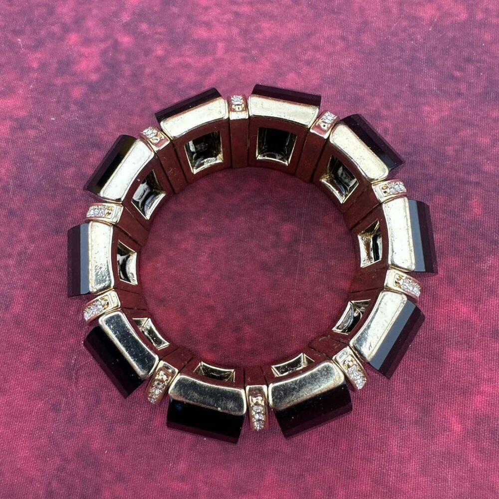 GOLD AND BLACK ENAMEL AND RHINESTONE STRETCH LINK BRACELET, - Picture 3 of 5